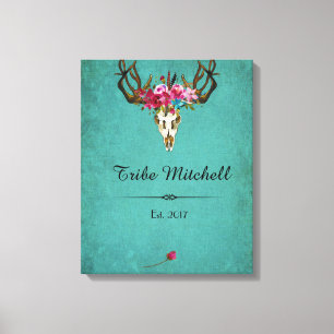 Toile de Canvas Murale Boho Crâne Fleurs Nom de Fa