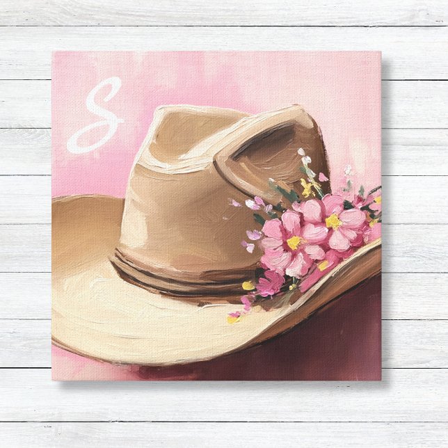 Toile de chapeau de cowgirl avec monogramme de fle (Taupe Cowgirl Hat with Pink Wildflowers Monogram Script Letter Canvas Art for Girls Room Decor)