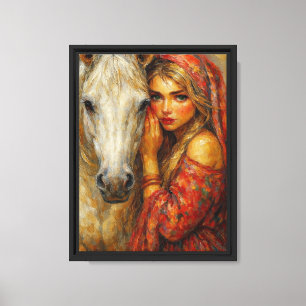 Toile de femme au cheval blanc sur toile