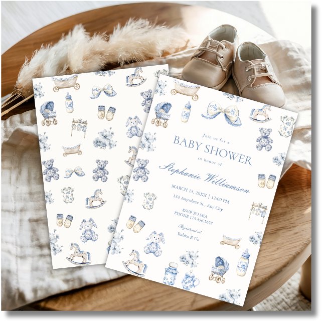Toile De Jouy Baby Shower Blue Bow Boy Invitation (Créateur téléchargé)