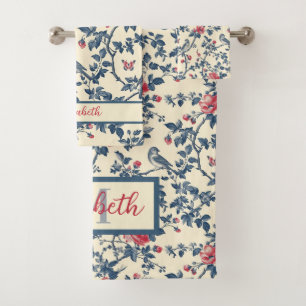 Toile de Jouy bleu et rouge floral et oiseaux