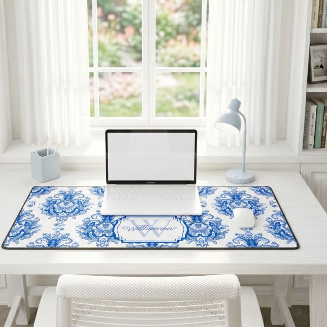 Toile de Jouy Bleue Motif Nom Monogramme (Créateur téléchargé)