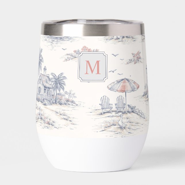 Toile de Jouy Bleue Tropicale Côtière Monogramme (Arrière)