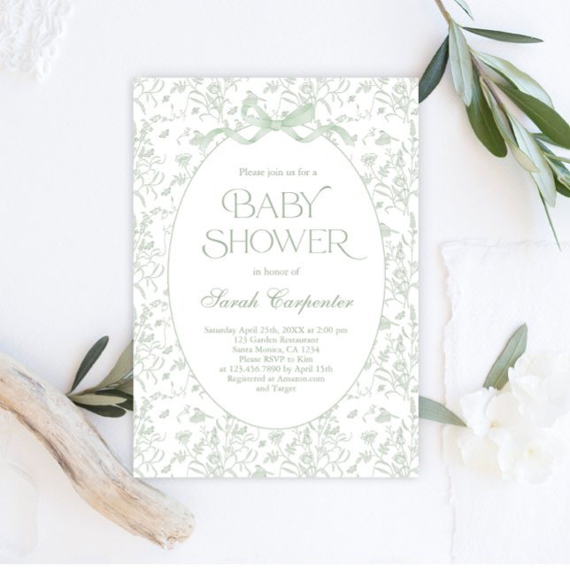 Toile De Jouy Bow Baby shower sauge Invitation (Créateur téléchargé)