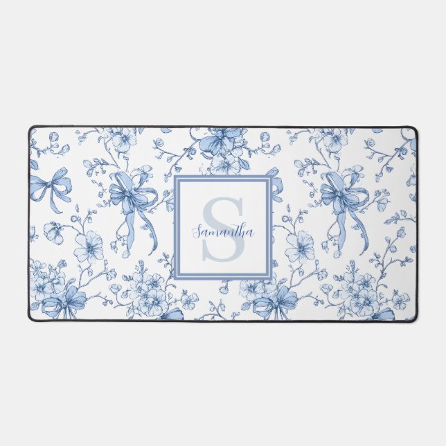 Toile de Jouy Fleurie Bleue Monogramme Nom  (Recto)