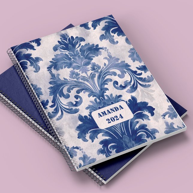 Toile de Jouy Florale Monogramme Bleu Vintage (Créateur téléchargé)