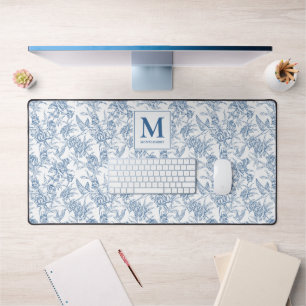 Toile de Jouy florale vintage bleue monogramme fra