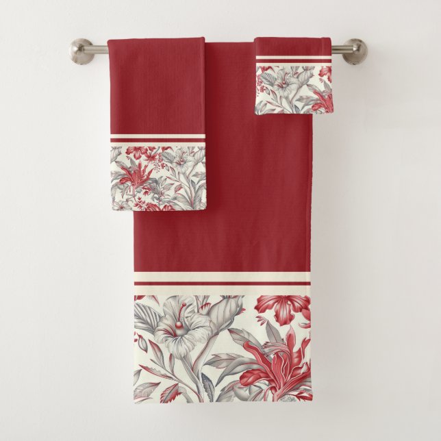 Toile de Jouy Lys floraux gris et rouges (En situation)