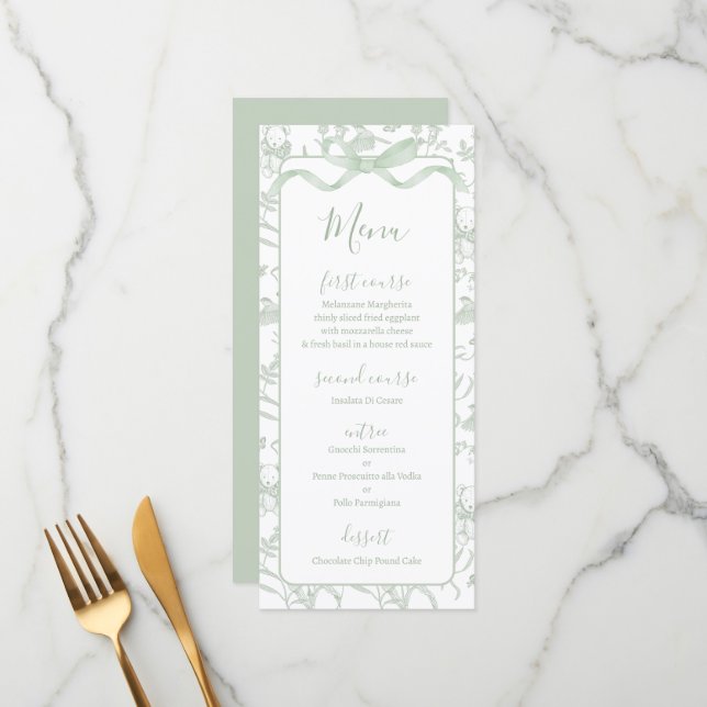 Toile de jouy Sage Baby Shower Menu Card (Devant/Arrière en situation)