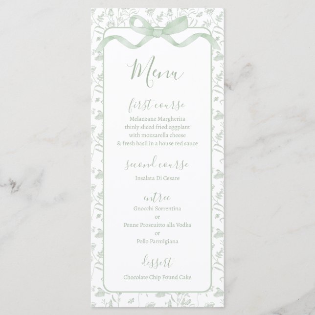 Toile de jouy Sage Green Menu Card (Devant)