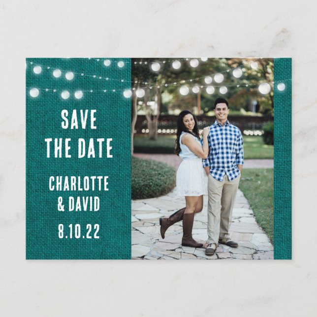 Toile de jute sarcelle faire-part de mariage rusti (Devant)