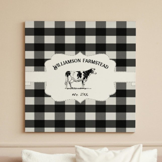 Toile de vache de ferme de Buffalo noir (Black Buffalo Plaid Farm Cow Canvas Print)