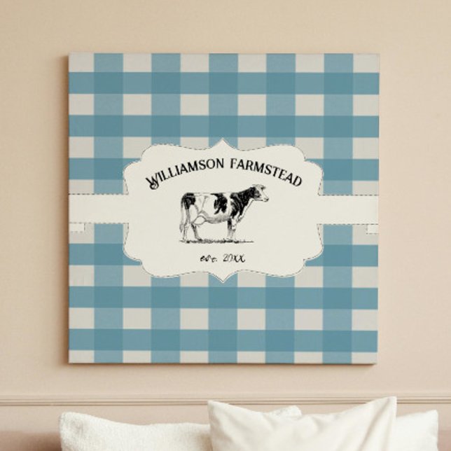 Toile de vache de ferme Plaid à Buffle Bleu Imprim (Blue Buffalo Plaid Farm Cow Canvas Print)