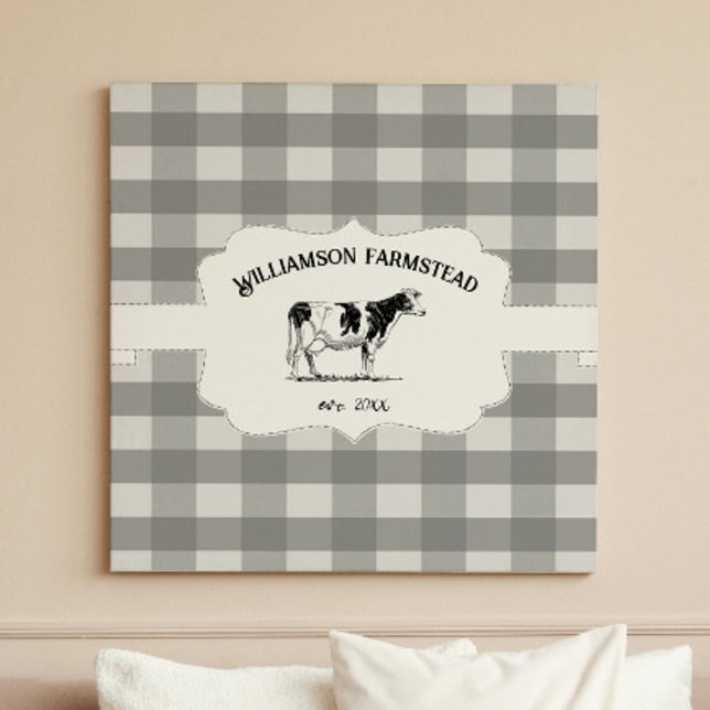 Toile de vache de ferme Plaid Buffy Gris Imprimer (Gray Buffalo Plaid Farm Cow Canvas Print)