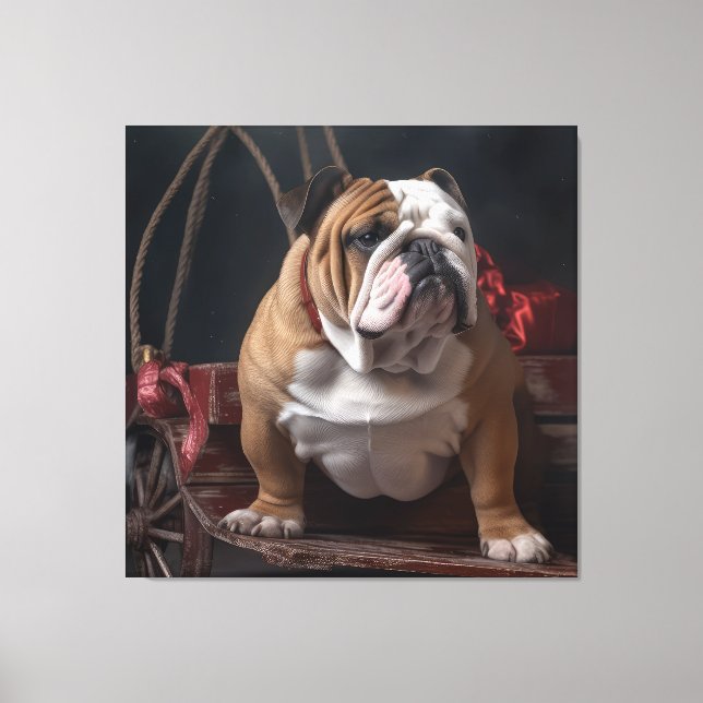 Toile Décor de Noël Bulldog Snowy Sleigh (Recto)