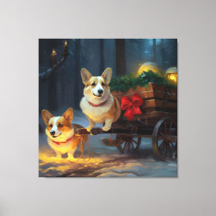 Toile Décor de Noël Corgi Snowy Sleigh