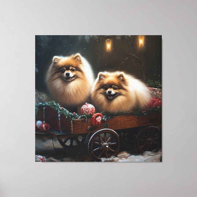 Toile Décor de Noël de traîneau enneigé Spitz nain (Recto)