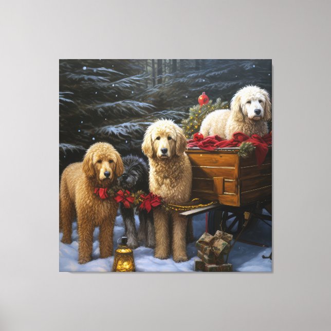 Toile Décor de Noël Goldendoodle Snowy Sleigh (Recto)