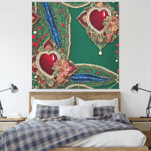 Toile Dentelle verte émeraude et cœurs rouges art IA