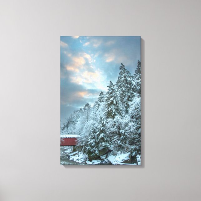 Toile Des arbres neigeux au-dessus du paysage du pont co (Recto)