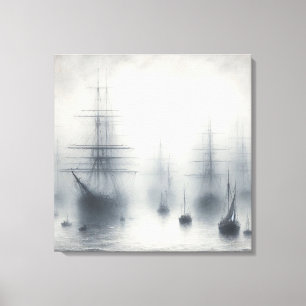 Toile Des navires mystérieux dans un port de Foggy