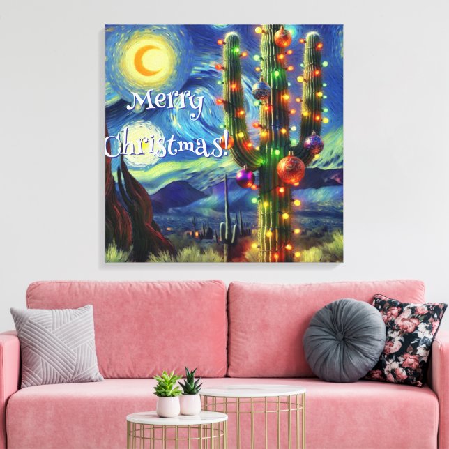 Toile Désert de Noël Saguaro Cactus Nuit Lune Bleu (Insitu(Salon))