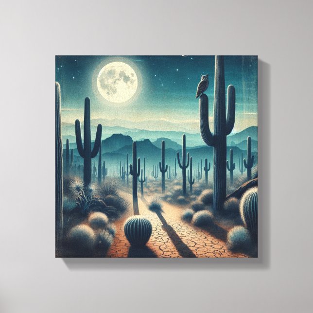 Toile Désert éclairé au clair de lune avec cactus et luc (Recto)