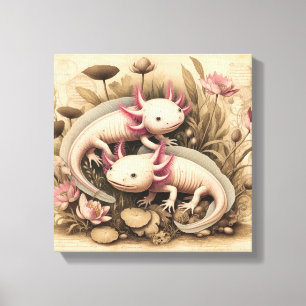 Toile Deux axolotls avec une touche botanique vintage