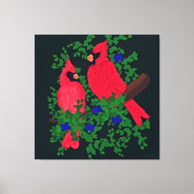 Toile Deux cardinaux perchés sur une branche (Recto)