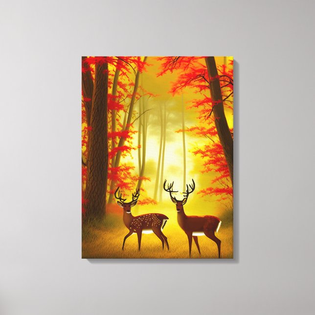 Toile Deux cerfs dans une forêt d'automne / Bois (Recto)