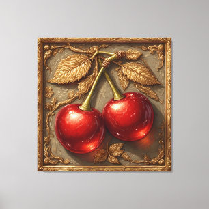 Toile Deux cerises rouges brillantes avec des feuilles d