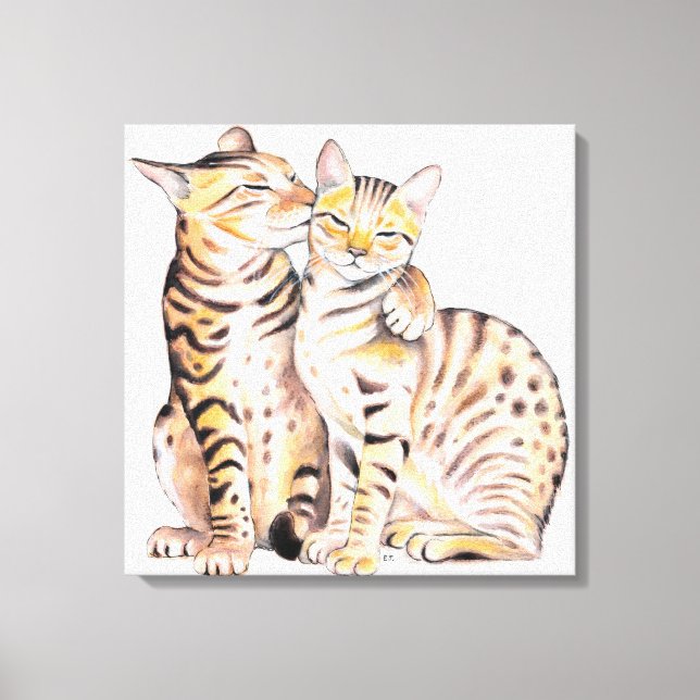 Toile Deux chats Bengale mignons aquarelle art (Recto)