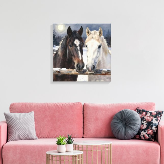 Toile Deux chevaux dans une ferme enneigée sous la lune (Insitu(Salon))