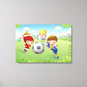 Toile Deux filles et un garçon jouant au football