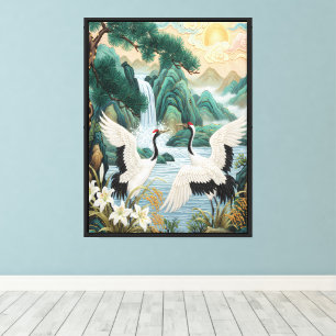 Toile Deux grues dans un paysage de montagne