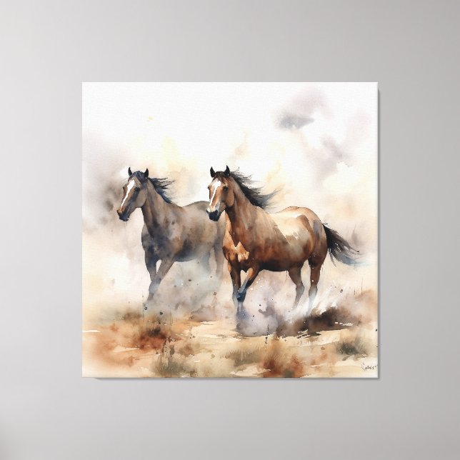 Toile « Deux mustangs sauvages » Aquarelle occidentale p (Recto)