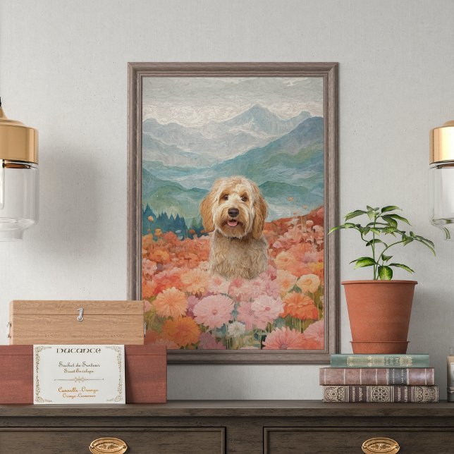 Toile Doodle Dog Peinture Champ de fleurs Joyeux (dog lovers, art enthusiasts, creativity, Doodle Dog Painting, Field of Flowers, Joyful Canvas Print,)