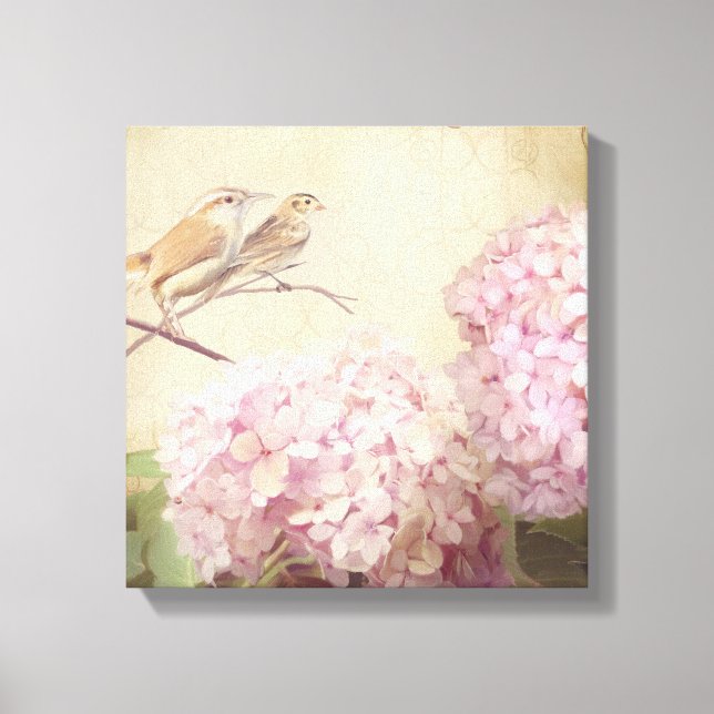 Toile Doucement été 2 Songbirds Pink Hydrangeas Vintage (Recto)
