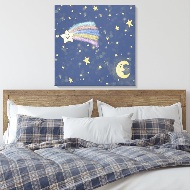 Toile Doux Lune de sommeil & Étoiles Illustration Denim  (Insitu(Chambre))