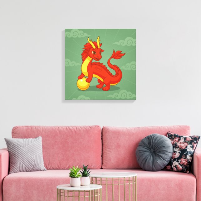 Toile Dragon Chinois Rouge sur Fond Vert (Insitu(Salon))
