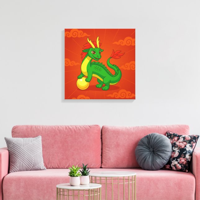 Toile Dragon Chinois Vert sur Fond Rouge (Insitu(Salon))