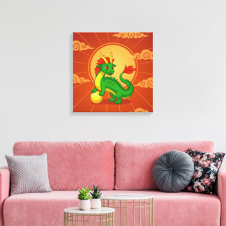 Toile Dragon Chinois Vert sur Fond Rouge