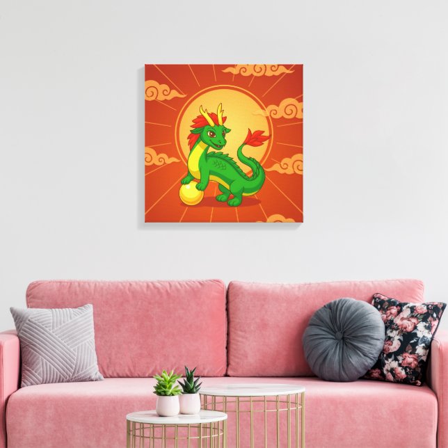 Toile Dragon Chinois Vert sur Fond Rouge (Insitu(Salon))
