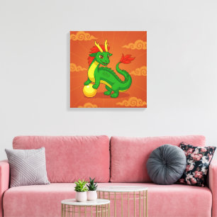 Toile Dragon Chinois Vert sur Fond Rouge