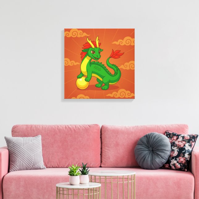 Toile Dragon Chinois Vert sur Fond Rouge (Insitu(Salon))