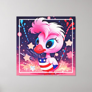 Toile Drapeau américain avec dessin animé de flamant ros