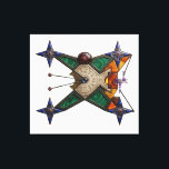 Toile Dungeon Artifact<br><div class="desc">An intricate mystical device that merges ancient alchemy with precise geometry. This X-shaped artifact features a central bone-colored disc engraved with cryptic cuneiform, crowned by a massive star ruby. The frame is heavily inlaid with concentric malachite, deep blue lapis lazuli, and warm amber fragments. Four navigational star-compasses at the tips...</div>