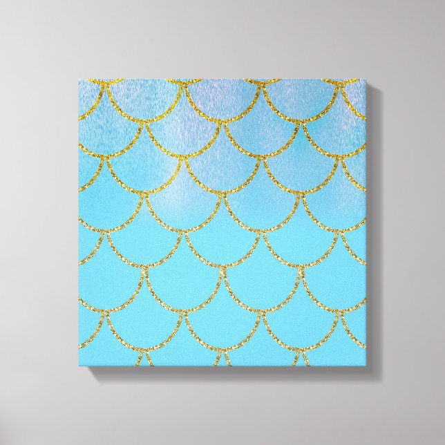 Toile Écailles de sirène iridescentes bleu et or scintil (Recto)