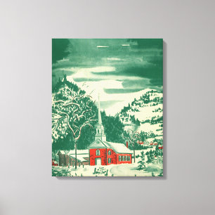 Toile Église de Noël vintage, paysage enneigé en hiver