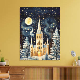 Toile Église d'hiver vintage Gouache stylée 32x24
